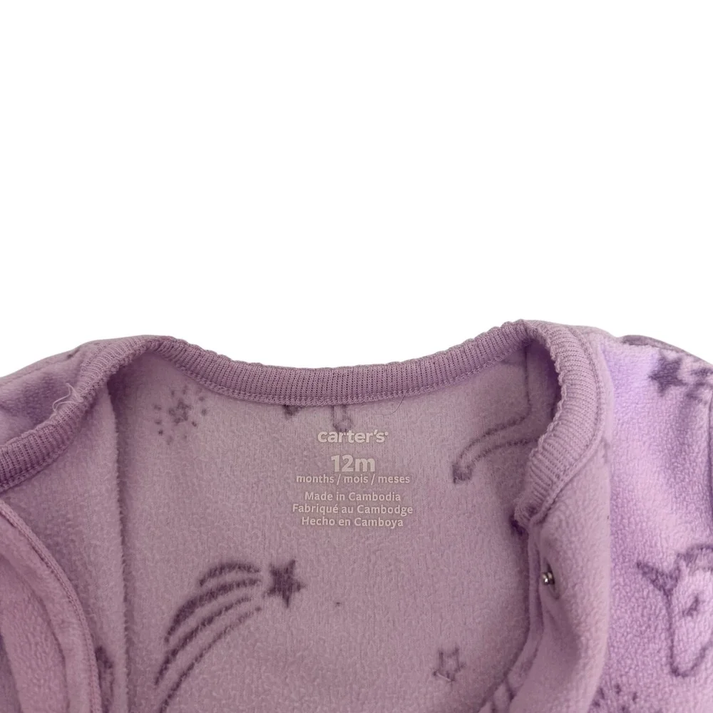 Carters Baby Girls 12M Purple Unicorn Fleece Footed Pajamas Sleep Play Zipper